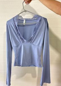 Blue Lace Trim Long Sleeve Top