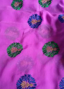 Pink Saree with Green &amp; Blue Details