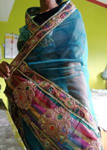 Teal Embellished Net Saree