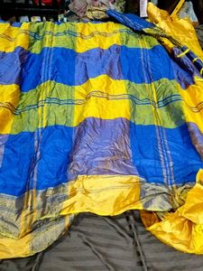 Blue &amp; Yellow Checkered pattu Saree