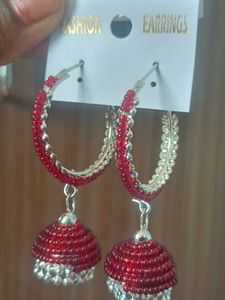 Red Jhumka Hoop Earrings