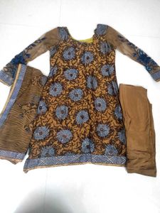 Large Size Brown Festive Floral Kurta Set