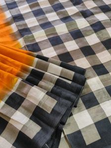 Checkered Saree With Orange Accent