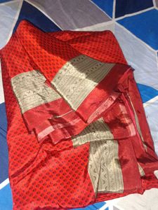 crape school uniform Red Printed Saree