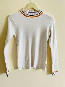 Striped Trim Funnel Neck Top