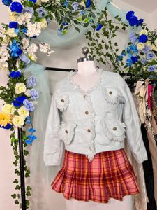 Fringe Trim Tweed baby blue Jacket