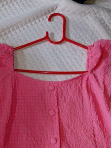 Pink Puff Sleeve Button Top