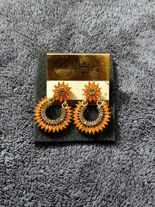 Bright Orange Floral Hoop Earrings with Gold Finis
