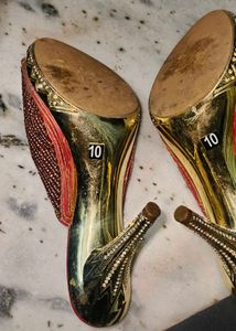 Red &amp; Gold Bejeweled Mules