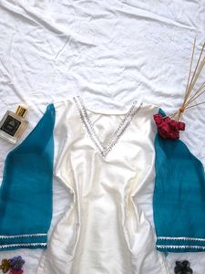 Elegant Teal &amp; White Corset Kurta Trouser Set🫶🏻