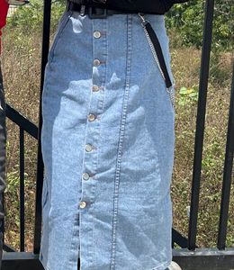 Button-Front Denim Midi Skirt