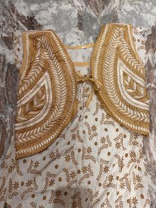 Festive Wear Gold Offwhite Anarkali With Coat