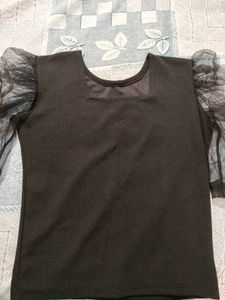 Solid Black Top with Puffed Net Sleeves
