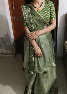 Green saree &  Chevron Pattern Blouse