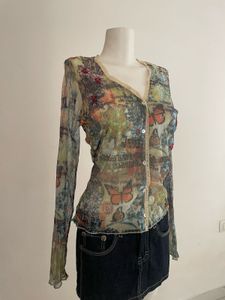 Butterfly Print Sheer Top