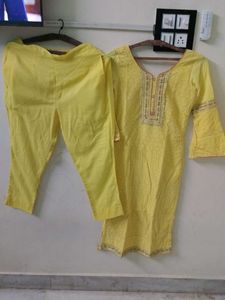 Yellow Embroidered Kurti Pant Set With Dupatta