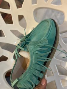 Mint Green Suede Fringe Moccasins
