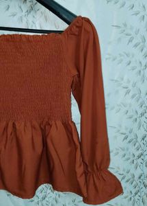 Rust Smocked Square Neck Blouse