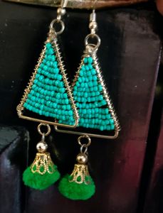 Green Beeds Ear Rings With Pompom Balls Detailing