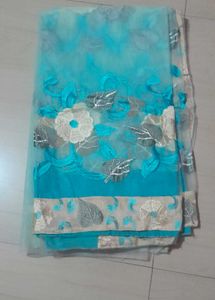 Blue Net Saree With Blouse And Petticoat