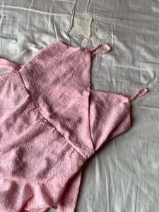 Pink Shoulder Strap Self Design Ruffled Dress