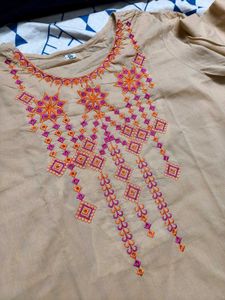 Women Beige Embroidery Khadi Cotton Suit Set