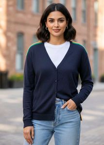 Imported Navy Cardigan with Striped Shoulders
