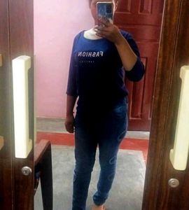 CUT WORK ROYAL BLUE TOP WITH GLAMOROUS JEANS SET