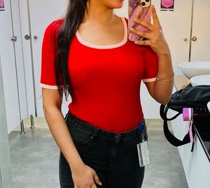 Retro Red Ribbed Knit Top