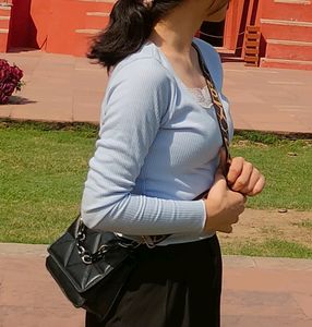 Sky Blue Full Sleeve Wide Neck Top