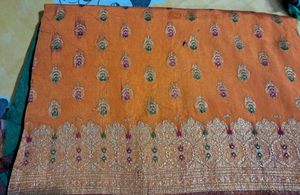 Banarasi Saree, Orange &amp; Green Body, Zari Work