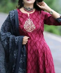 Tomato Red Kurti Set With Bottom And Duppata
