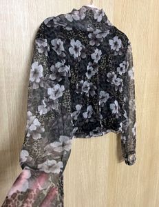 Sheer Floral & Leopard Print Mock Neck Top