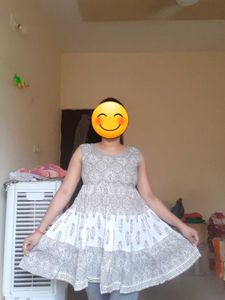 Anarkali Printed Kurti (Grey &amp; White)