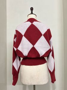 red Argyle Knit Cardigan