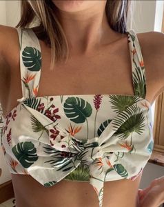leaf and flower print crop top with side zipper