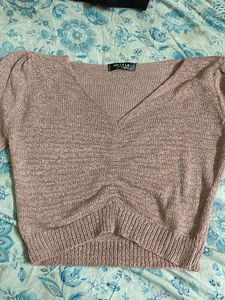 Blush Breeze Pink Netted Wool Top – Sheer Long Sle