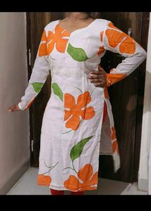Chanderi Silk Handstitched Design kurta White