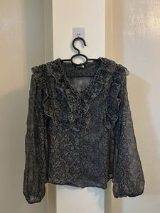 Gray Floral Ruffle Blouse
