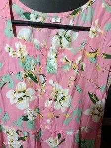 Pink Floral Midi Dress with Puff Sleeves