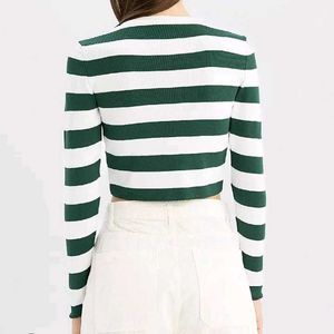 V neck Green and white Striped Crop tee