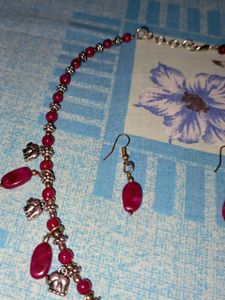 Ruby Beaded Elephant Charm Necklace &amp; Earring Set