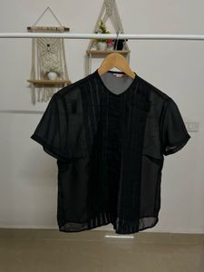 Black Sheer Chiffon Pleated Tops