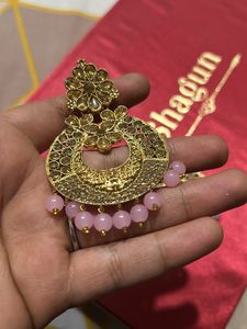 Golden Ethnic Earrings With Baby Pink Pearls