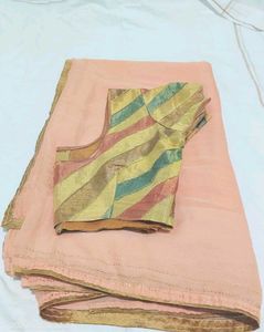 Peach Saree with Striped Blouse