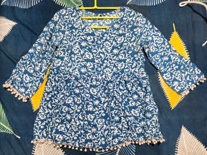 Blue Printed Pom-Pom Tunic