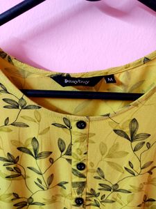 Lemon Green Kurta With Black Leaf Print Design