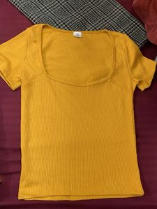 Mustard Ribbed Square Neck Tee