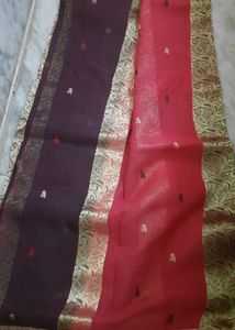 Elegant Gold & Red & Brown Tant Benarasi Sari