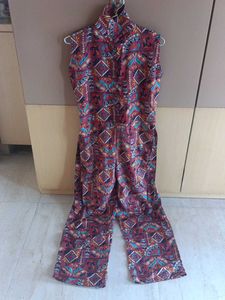 Patterned Sleeveless Jumpsuit with Belt